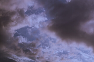 Sunset sky with clouds close-up. Heavenly natural spring or summer background or texture.