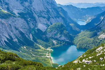 Upper Lake Gosau, Gosaulacke and Lake Gosau with Panoramic mountain landscape in Austrian Alps. 