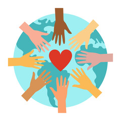 Planet Earth, hands and heart - a symbol of peace and unity of communities. vector illustration