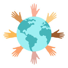 Planet Earth and hands, a symbol of peace and unity of communities. vector illustration