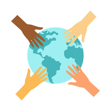 Planet Earth and hands, a symbol of peace and unity of communities. vector illustration