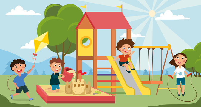 Group of kids playing game in public park or school playground. Happy childhood. Flat cartoon vector illustration illustration.