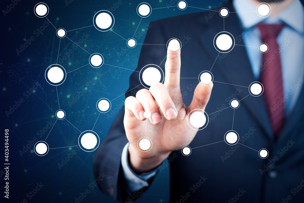 Poster man touching network in screen