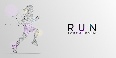 Particles geometric line art and dot of running woman design background