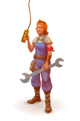 Obraz premium Cartoon engineer, female mechanic character on white
