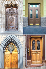 four wooden doors with a beautiful decorative finish in the historical part of various European cities