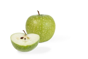 view of whole and half  juicy apple isolated on white background