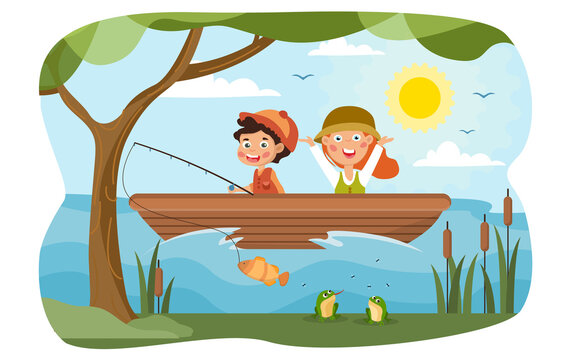 Two happy young children fishing on a lake in summer in a little wooden rowboat, colored cartoon vector illustration