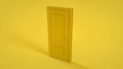 Closed door isolated on yellow background. 3d illustration