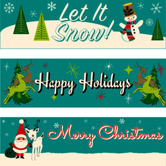 Retro Holiday Banners, Christmas card with Santa Claus, reindeer and snowman