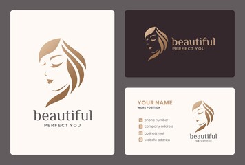 elegant woman logo design with business card for salon, hairstylist, makeover, beauty care.