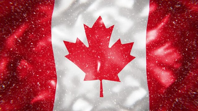 Realistic looping 3D animation of Canada national flag with falling snow rendered in UHD