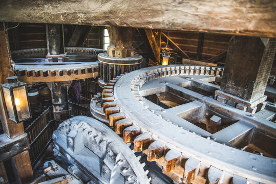 Wooden gears inside a wind mill in the Netherlands (Holland) in spring of 2016 (April).