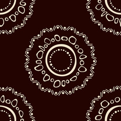 Australian aboriginal seamless pattern with circles, crooked stripes, dots, isolated on brown background. Endless stylish texture. Ethnic texture. Vector color background.