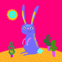 Bright cute purple alebrije style rabbit in summer mexican colors with tropical leaves and plants, summer in the sky shining. Smiling hand drawn cartoon illustration for easter in kindergarden class