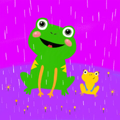 Cute tropical frog family bright illustration for childish gaming, cards, books under the rain. Ideal for rainforest park decoration, design, invitations, calendars, print.