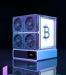 Bitcoin Cryptocurrency Mining Rig, 3D Rendering