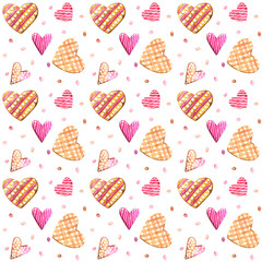 Seamless watercolor pattern with hand drawn cute elements. Pink and yellow hearts cookies in romantic style. Decorations to celebrate Valentine's day.