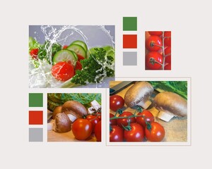 Food collage of tasty vegetables with cherry tomatoes, mushrooms and green salad