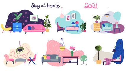 Vector set of cosy interior design drawings with modern furniture - 403498213