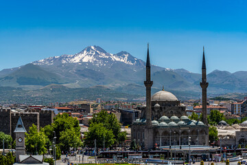 View of the city center in Kayseri and snowy mount Erciyes