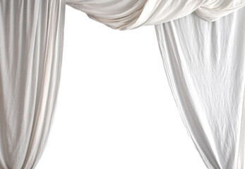 Luxury theatrical white curtain with a copy space in the middle isolated on white background, space...