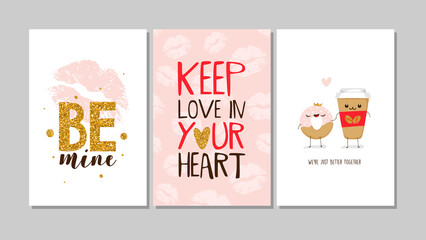 Set of greeting cards for Valentines day. Trendy flat style. Vector EPS10.