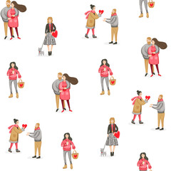 Valentines day seamless pattern with peoples and hearts. Modern design for Valentines day, wallpeper, sticker, skrapbooking, birthday design, diary or planner, wrapping paper, fabric. Vector EPS 10.