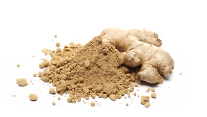 Ginger root and powder isolated on white background, (Zingiber officinale)