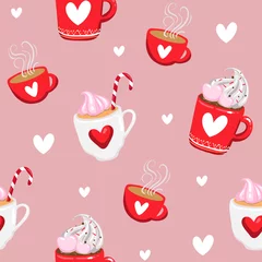 Fotobehang Valentine s Day romantic seamless pattern with cute cups, mugs, hearts, coffee and more. Vector illustration © marianna_p