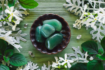 Green Aventurine with Jasmine Flowers and Foliage
