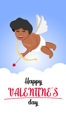 Black cupid shooting arrow. Happy, African, archery. Can be used for topics like Valentines day, love, amour