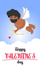 Black cupid shooting arrow. Happy, African, archery. Can be used for topics like Valentines day, love, amour