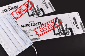 Concept for cancelled entertainment events during Corona virus pandemic with concert tickets and...
