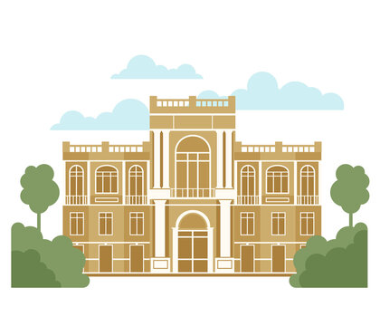 
A beautiful building surrounded by trees. The building of the theater, country estate. High quality illustration drawn in flat style