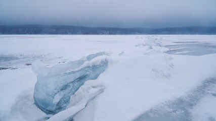 Frozen surface of the Voronezh reservoir in winter