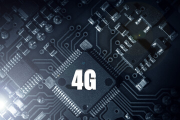 Close-up of a 4G board (PCB) with stripes of conductors between a transistor and an electronic equipment processor. IT technologies in programming, network communication