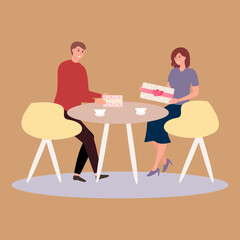 
Handsome man and woman are sitting at a table in a cafe and exchanging gifts. Vector illustration in flat style for Valentine's Day. A young couple is drinking tea in a cafe and holding boxes 