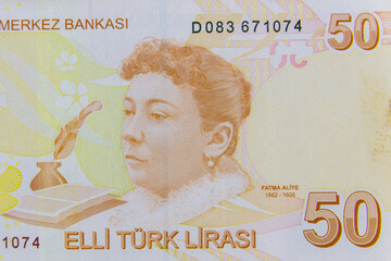 Macro shot of the fifty turkish lira banknote
