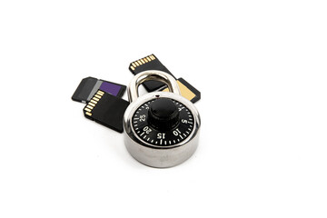 a collection of computer memory cards with a lock signifying data security