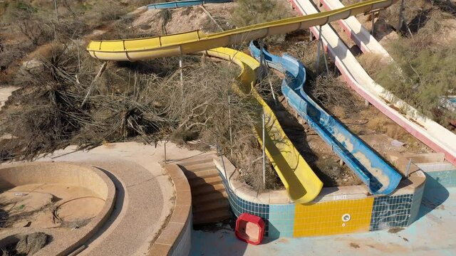 Closed Abandoned water park Aerial view, Dead sea, Israel
apocalyptic Vision From Israel Closeed for 20 years water park, Drone view 
