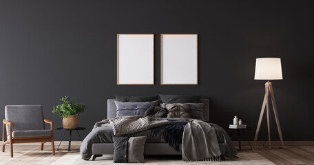 Comfortable dark bedroom with two wooden frame mockup design, dark bed on white wall background