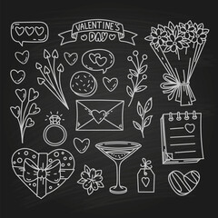 Hand drawn Valentine's day doodle stroke elements, holiday collection on blackboard