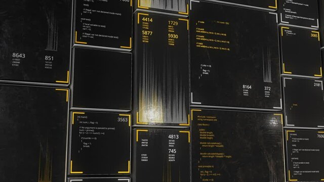 Screens of programming code on black background, seamless loop. Animation. Programming language and system engineering concept.