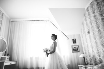 Fototapeta premium Beautiful bride wearing fashion wedding dress with feathers with luxury delight make-up and hairstyle, studio indoor photo shoot