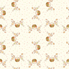 Seamless pattern of flying cheerful elves with fruits busket
