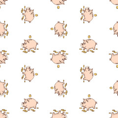Seamless pattern of sketches piggy banks with gold coins