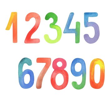Watercolor illustration, set of numbers, isolate on a white background