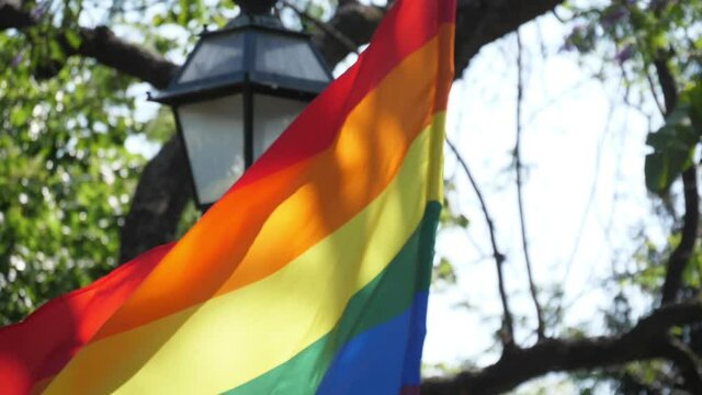 holding big rainbow flag in parade slow motion