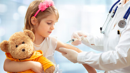 Vaccination Concept - Female Doctor Vaccinating Cute Little Girl On Blue Background